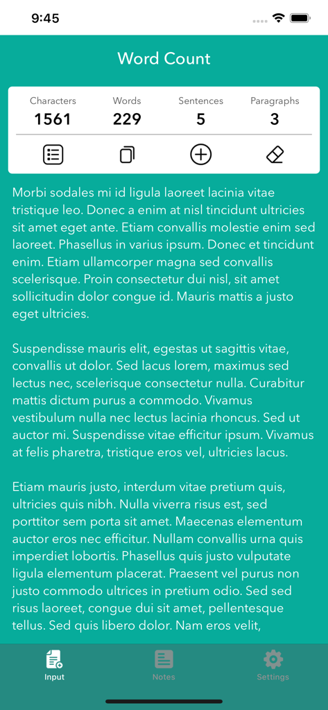 Un'interfaccia mobile dell'app Word Counter che mostra il conteggio in tempo reale di caratteri, parole, frasi e paragrafi per un testo di esempio
