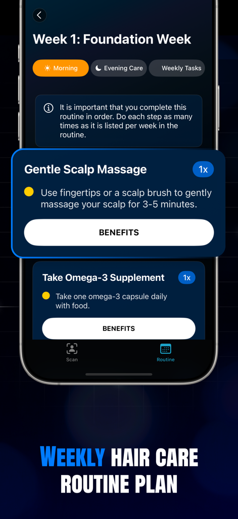 HairMe: Hairstyle AI Scanner - Weekly hair care routine plan interface from the HairMe app featuring daily grooming tasks like scalp massage