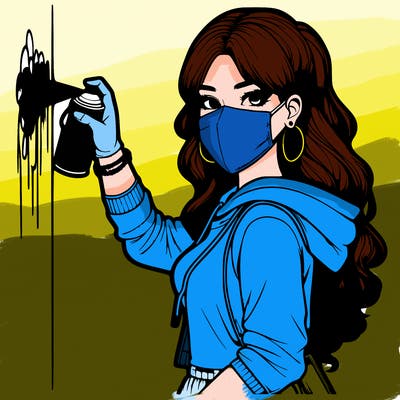realistic girl with mask spray painting a wall