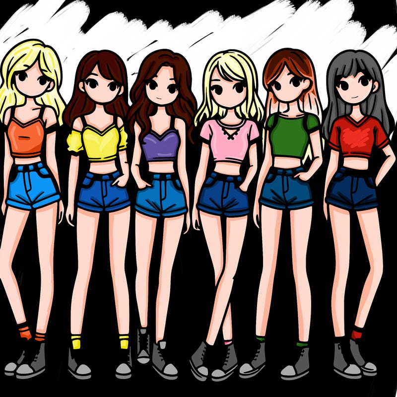 a group of girls wearing crop tops and shorts