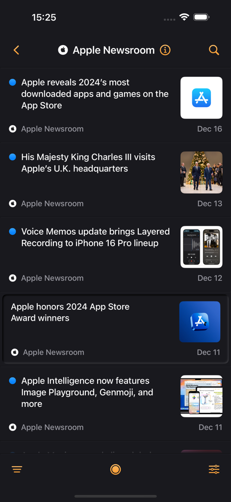Feedero - Feedero app displaying a curated list of news headlines from the Apple Newsroom RSS feed in a clean dark mode interface.
