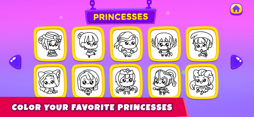 Colouring & Drawing for Girls - Una pantalla de selección de lindas páginas para colorear de princesas para niños