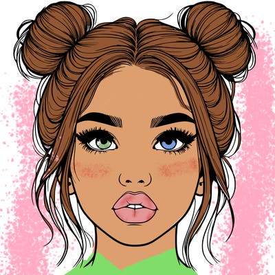 realistic girl with two buns on her hair and lips