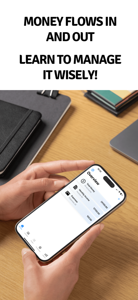 Finka - A person holding an iPhone displaying the Finka app dashboard showing a financial overview with income and expenses