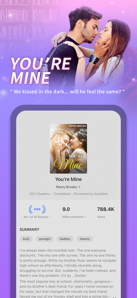 Storyaholic - Short Story - Storyaholicアプリのインターフェース。BadboyやSteamyなどのジャンルタグが付いた人気ロマンス小説Youre Mineの詳細を表示。