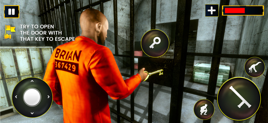 A prisoner in an orange jumpsuit using a key to open a jail cell door in a 3D simulation game