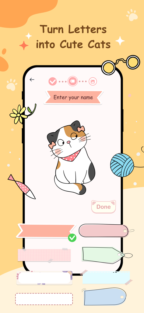 Mobile app interface showing how to turn letters into a cute cat character with decorative name tags