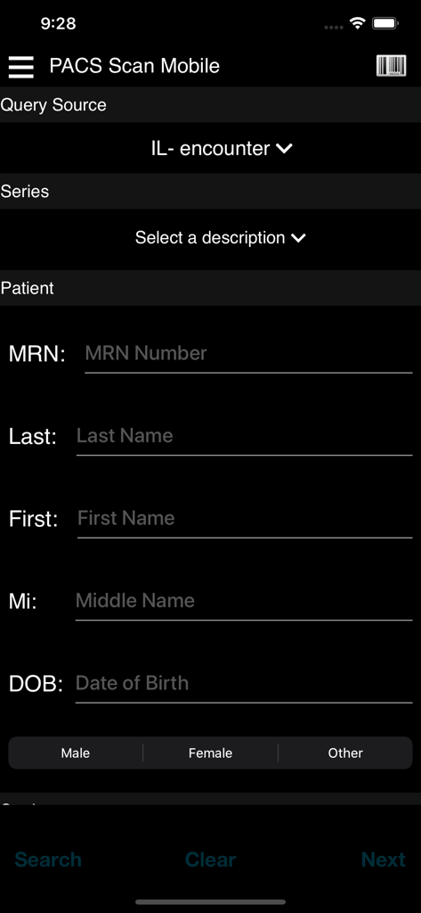 PACS Scan Mobile patient information entry screen showing fields for MRN name and date of birth