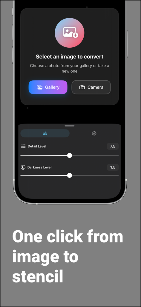 Interfaz de la aplicación Tattoo Stencil Maker Pro que muestra opciones para seleccionar una foto y ajustar el detalle y los niveles de oscuridad de la plantilla