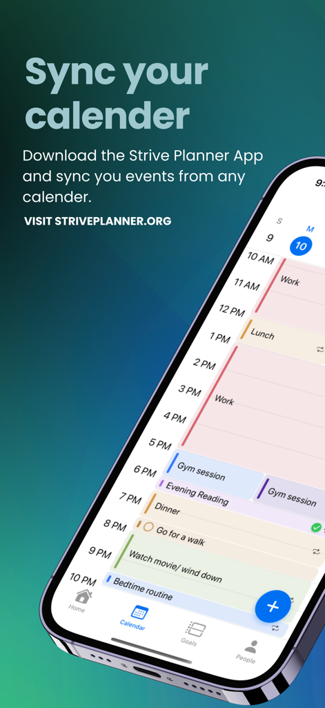 Strive Planner - Captura de pantalla de la aplicación Strive Planner que muestra su función de sincronización de calendario y un horario diario con eventos bloqueados por tiempo.