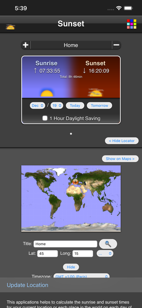 Sunset - Sunset app interface displaying sunrise and sunset times with a world map and location settings.