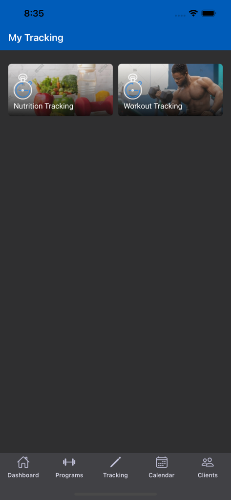 Elite Trainr - Mobile interface of the Elite Trainr app showing nutrition and workout tracking options.