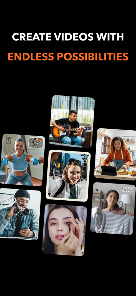 BeNarative - Collage of diverse content creators using BeNarative for fitness, music, cooking, vlogging, podcasting, beauty, and fashion.