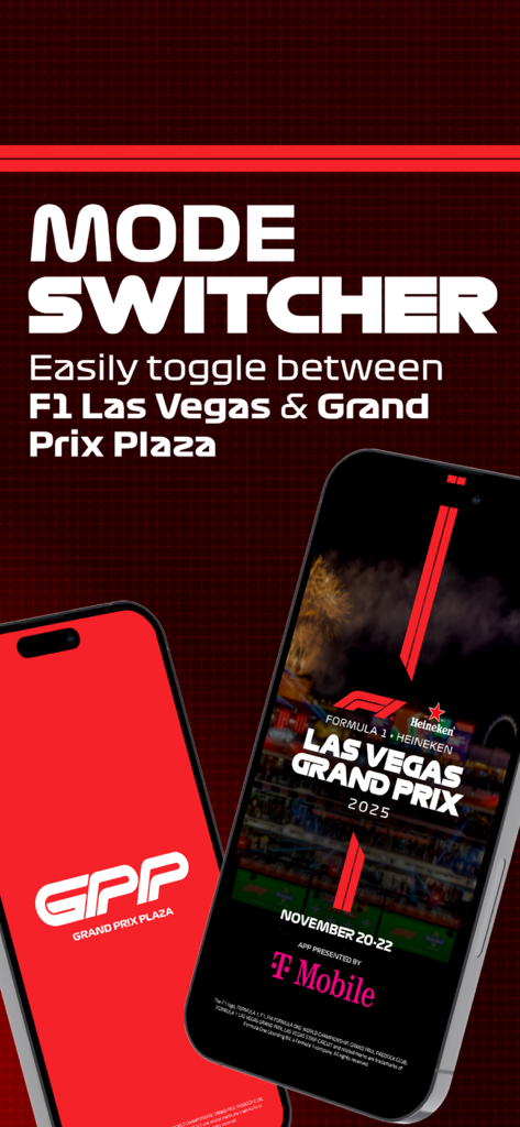 Captura de tela do aplicativo F1 Las Vegas destacando o recurso de alternância de modo para alternar entre informações da corrida e detalhes da Grand Prix Plaza