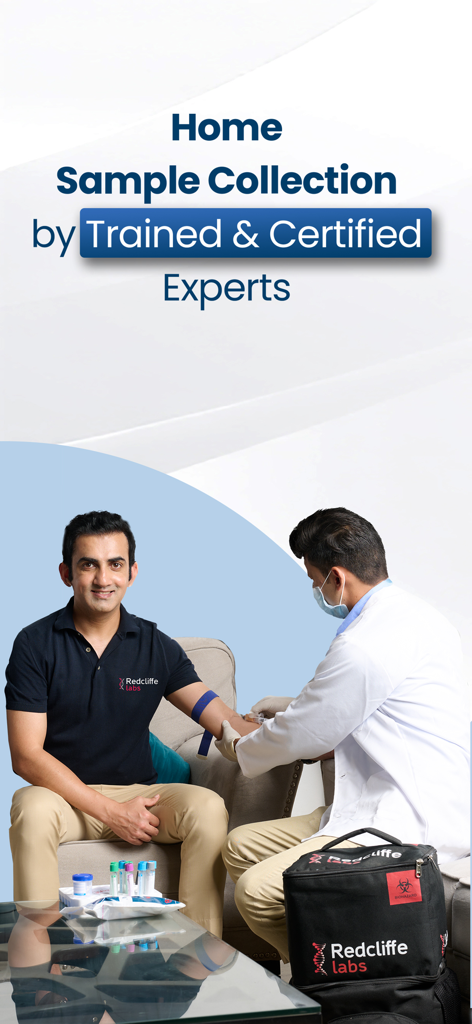 Redcliffe Labs - Blood Test - A healthcare professional in a white coat collecting a blood sample from a patient at home.