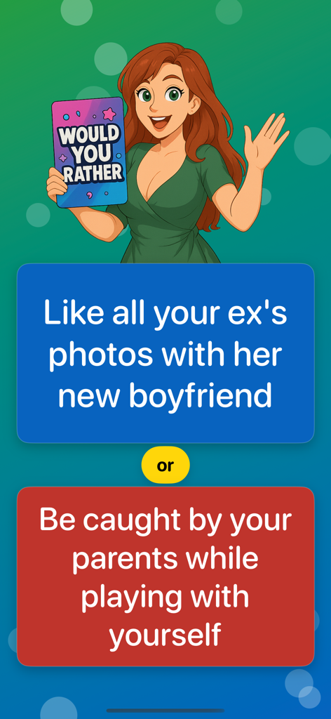 Pantalla de aplicación móvil que muestra una pregunta de dilema de ¿Tú Preferirías para fiestas.