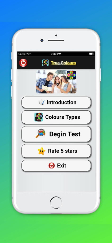 Menu principal do aplicativo móvel True Colours Personality Test mostrando botões de navegação para introdução, tipos de cores e teste