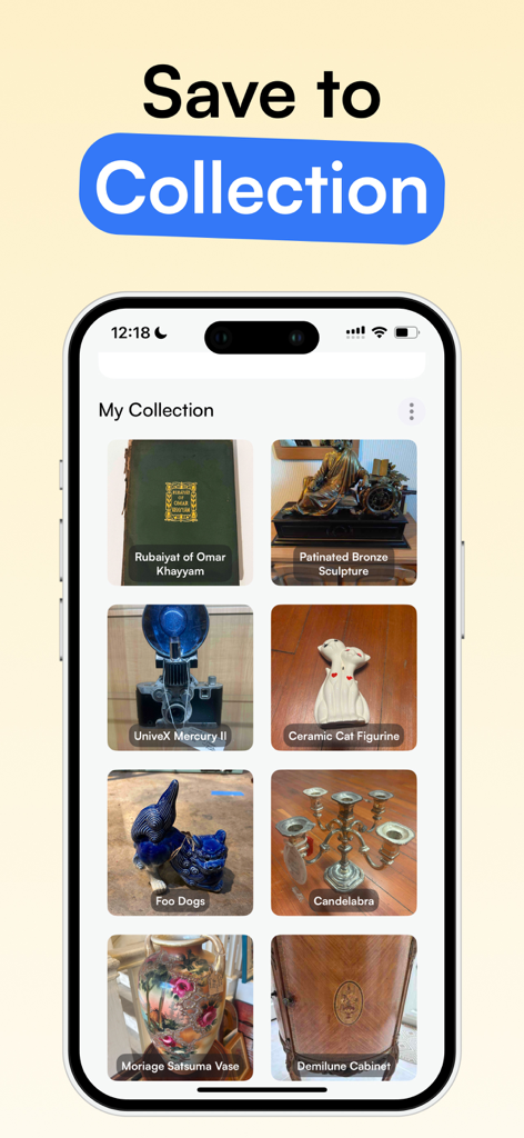 A mobile interface displaying a curated digital gallery of antique items including a vase sculpture and vintage camera
