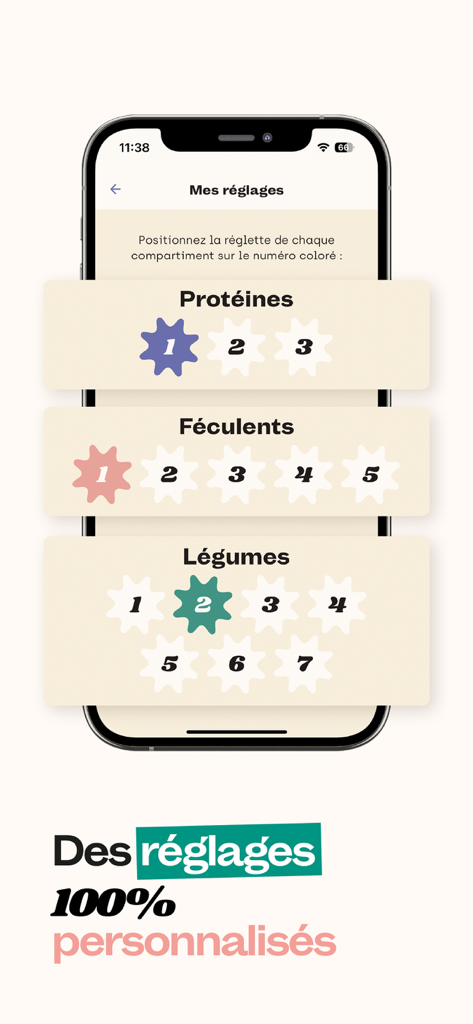 Maju mobile app screen showing adjustable portion settings for proteins starches and vegetables