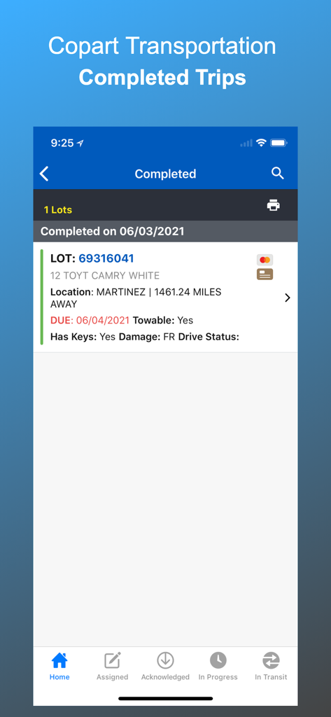 Copart Transportation - Copart Transportation app interface showing a list of completed vehicle transport trips including lot number and vehicle details