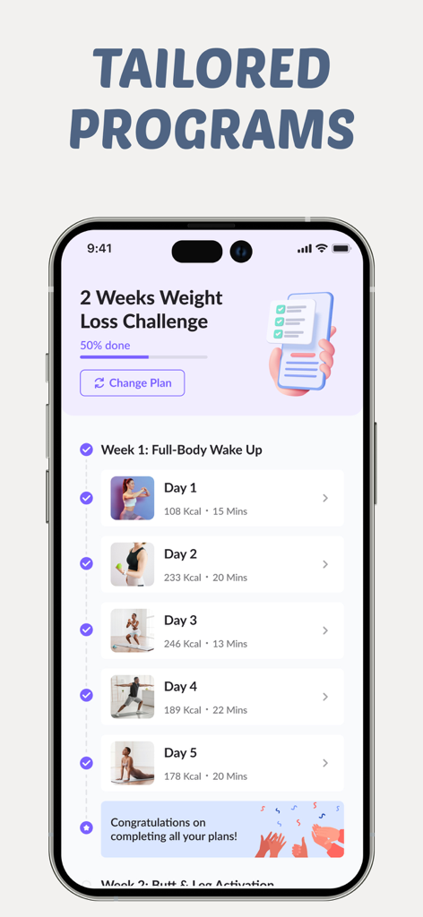 Lazy Workout for Weight Loss - LazyFit app interface showing a two week weight loss challenge with a daily guided workout schedule