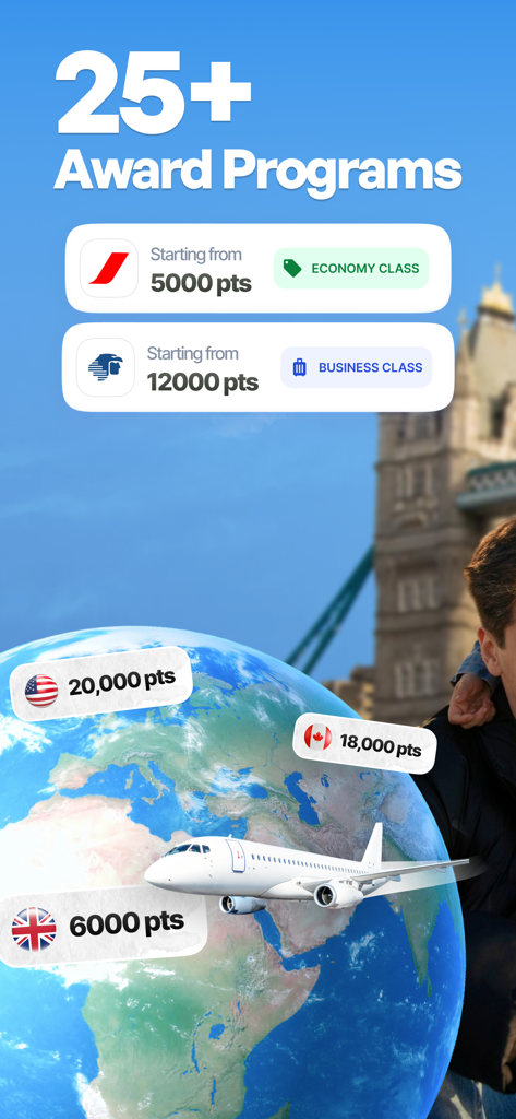 Flightpoints - Award Flights - Flightpoints app displaying points required for economy and business class flights across multiple award programs.