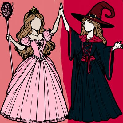 detailed realistic split of a princess and a witch