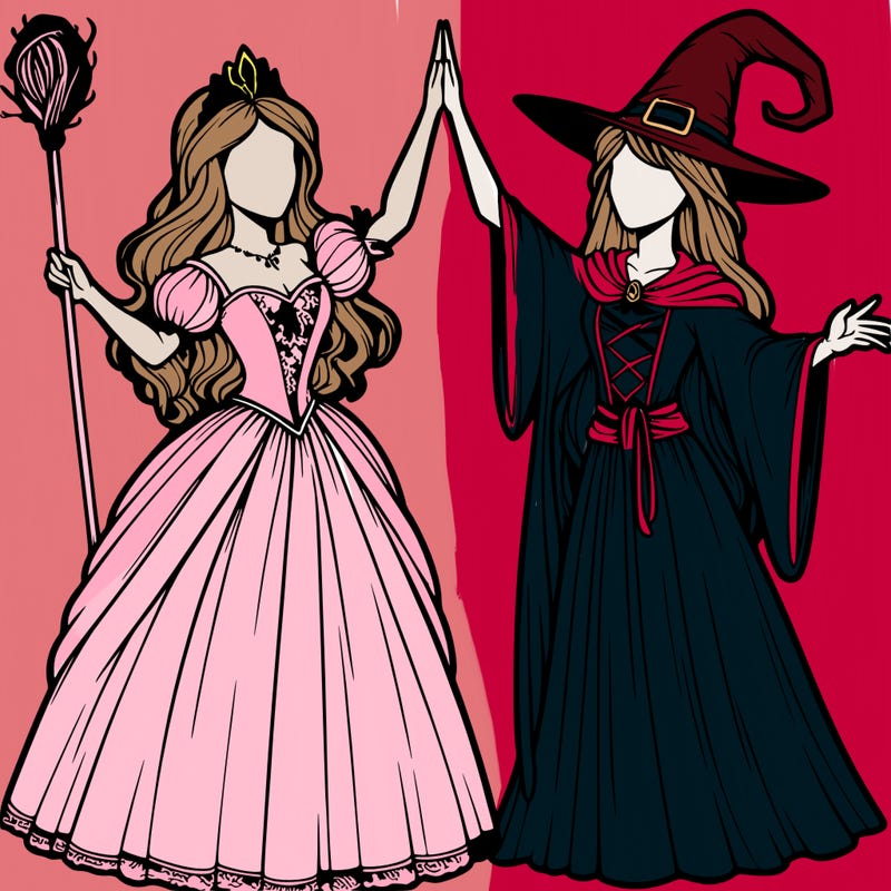 detailed realistic split of a princess and a witch