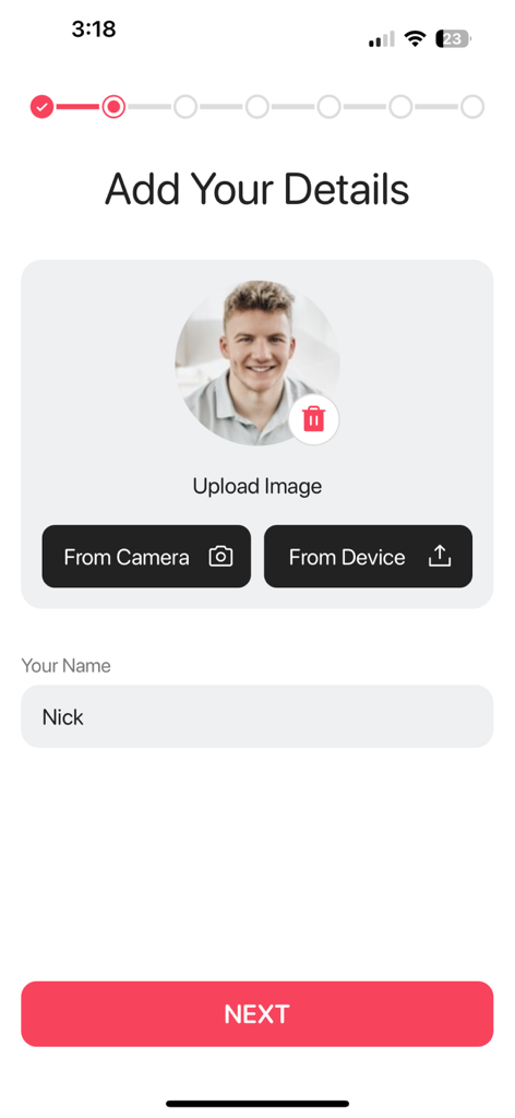My Love - Dating Tracker - The profile setup screen of the My Love dating tracker app with photo upload and name entry fields.