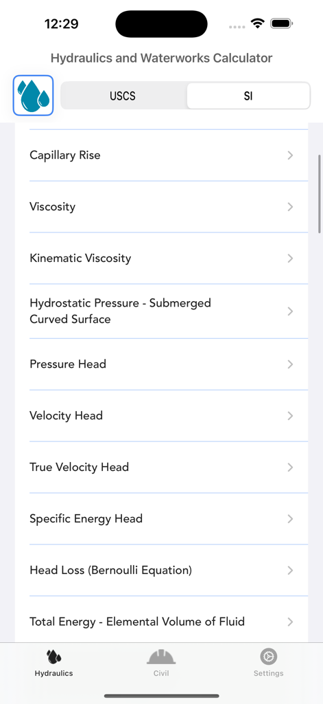 Hydraulics and Waterworks Calc - Interface de l'application listant des calculs hydrauliques tels que la capillarité et la hauteur piézométrique