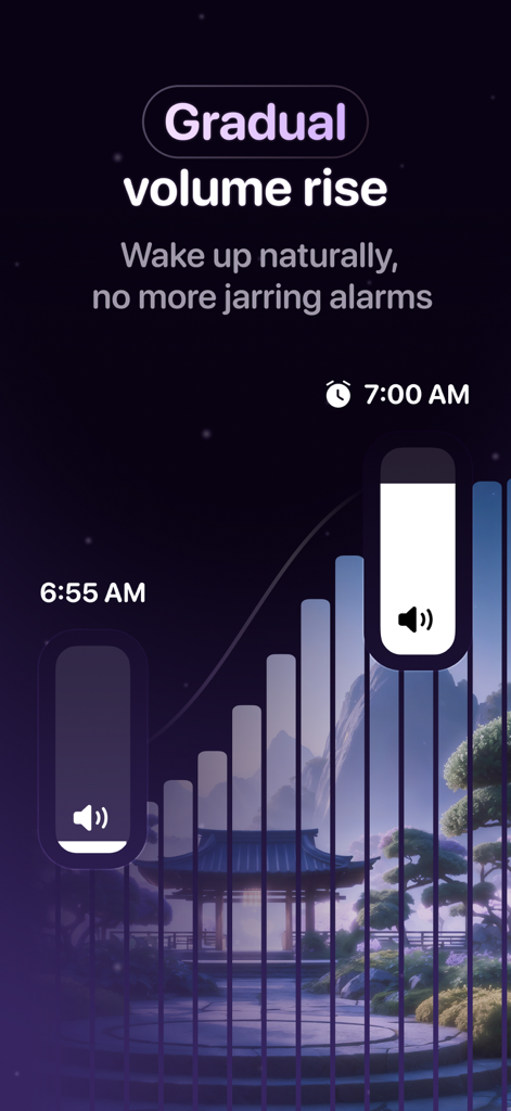 Wonderwake: Gentle Alarm Clock - Gráfico que muestra la función de aumento gradual del volumen del despertador de la aplicación Wonderwake para un despertar natural
