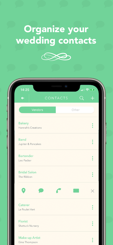 Wedding Planner ‎ - Wedding Plannerアプリのモバイル画面。パン屋、バンド、花屋などの結婚式ベンダーと連絡先の整理されたリストが表示されています。