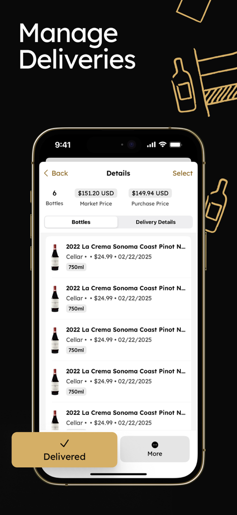 InVintory: Wine Bottle Tracker - InVintoryアプリのモバイル画面に、ボトルの数や市場価格を含むワインの配送詳細が表示