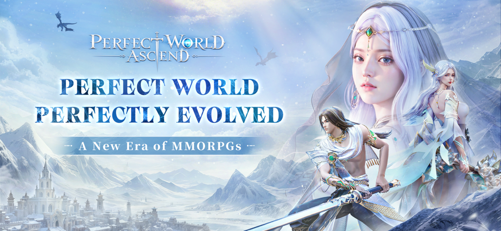 Perfect World: Ascend - Personajes de fantasía en un paisaje montañoso nevado para Perfect World Ascend MMORPG