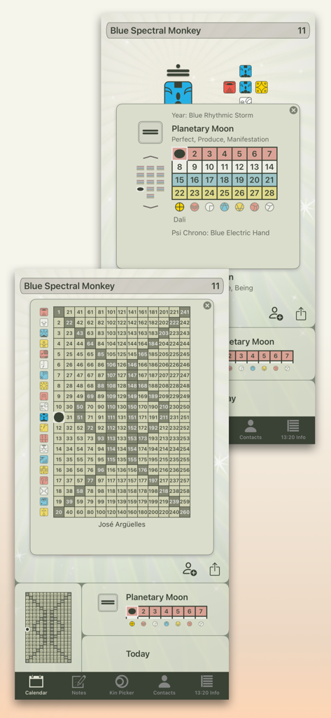 13:20:Sync - Interface of the 13 20 Sync app showing the Tzolkin grid and planetary moon cycle