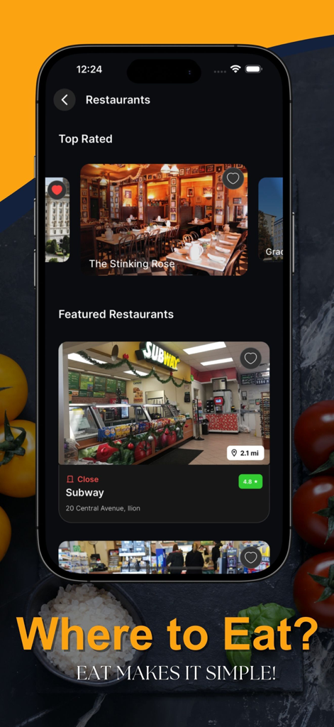 Mobile app interface of EAT showing the restaurant discovery feature with top rated and featured local dining options.