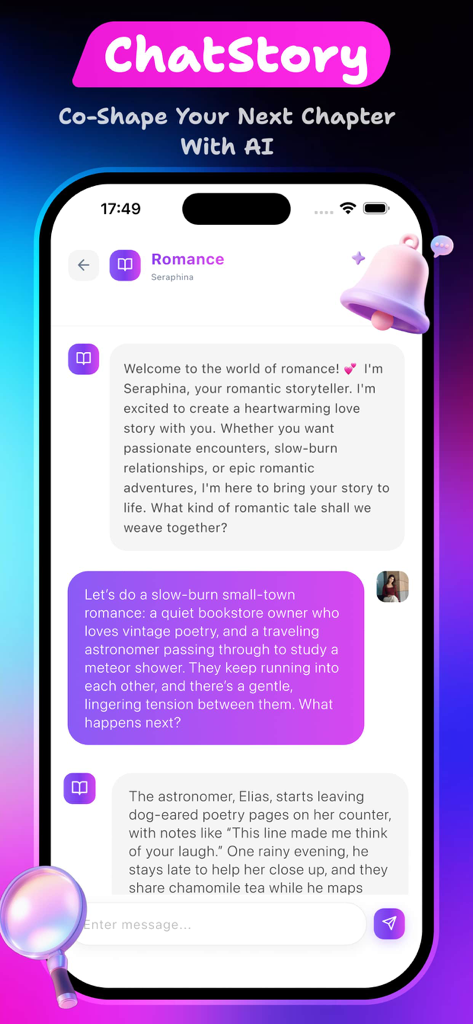 Interface of the Curvae app showing a collaborative AI storytelling chat session in a romance genre.