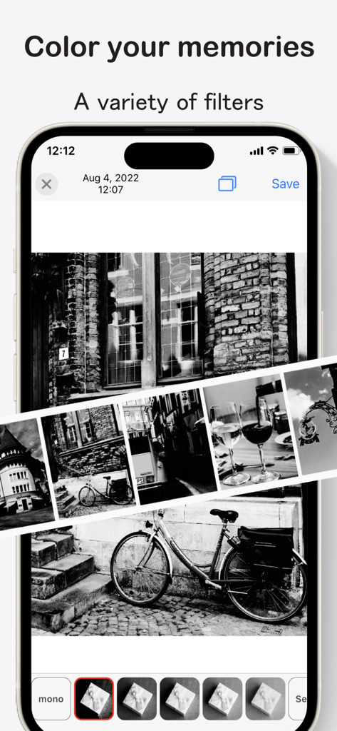 StageCameraHD2 - 48MP with HDR - Smartphone screen displaying black and white photo filters within the StageCameraHD2 app interface