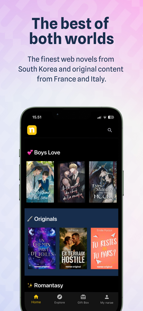 Narae - Web novels & Romance - Interfaccia dell'app Narae che mostra romanzi web d'amore coreani ed europei in categorie come Boys Love e Originali.