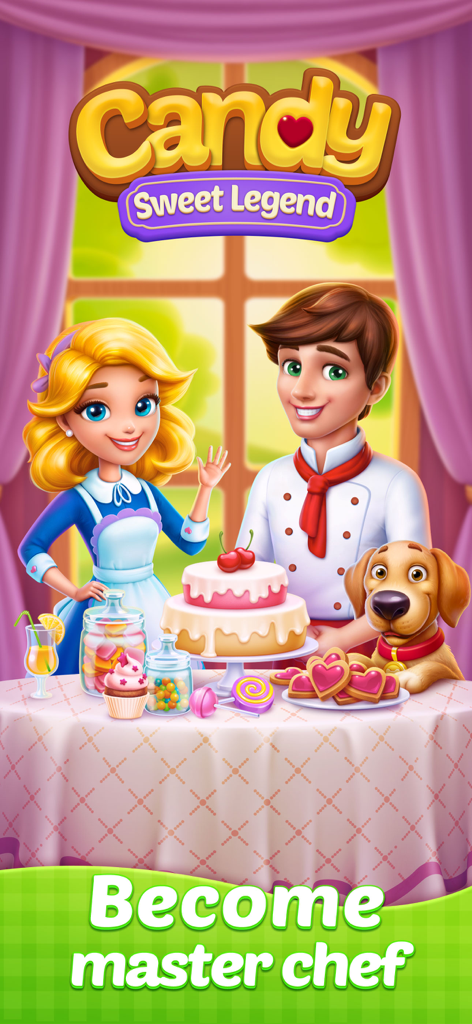 Candy Sweet Legend - Match 3 - Two smiling characters and a dog behind a table filled with cakes and candies in the Candy Sweet Legend game