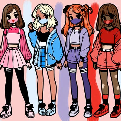 one girl with crop-top shirt and a jacket with a skirt, long socks and another girl with a shirt and pants with a jacket