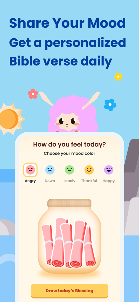 FaithTime: Devotion&Community - FaithTime app interface for sharing current mood and drawing a personalized daily Bible verse blessing.