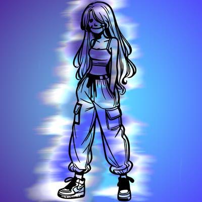 girl in baggy pants crop top and long hair
