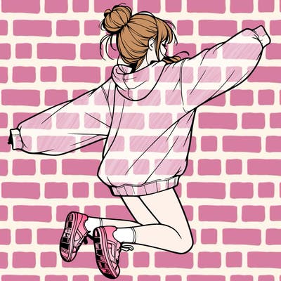realistic girl jumping with a bun and oversized sweatshirt