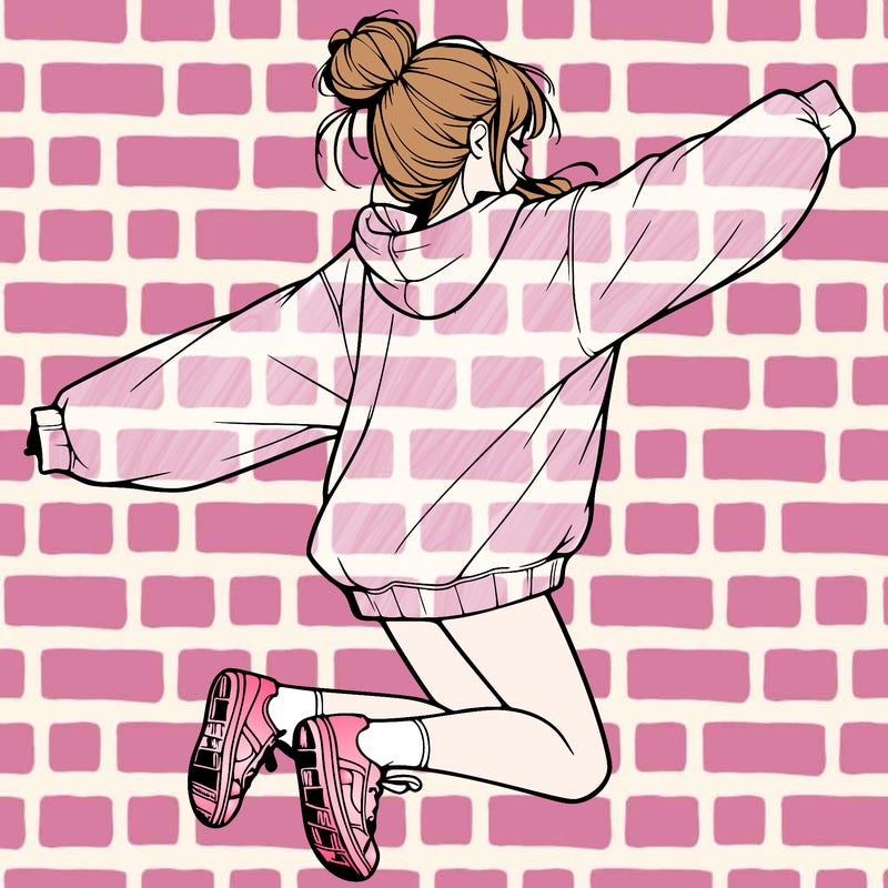 realistic girl jumping with a bun and oversized sweatshirt