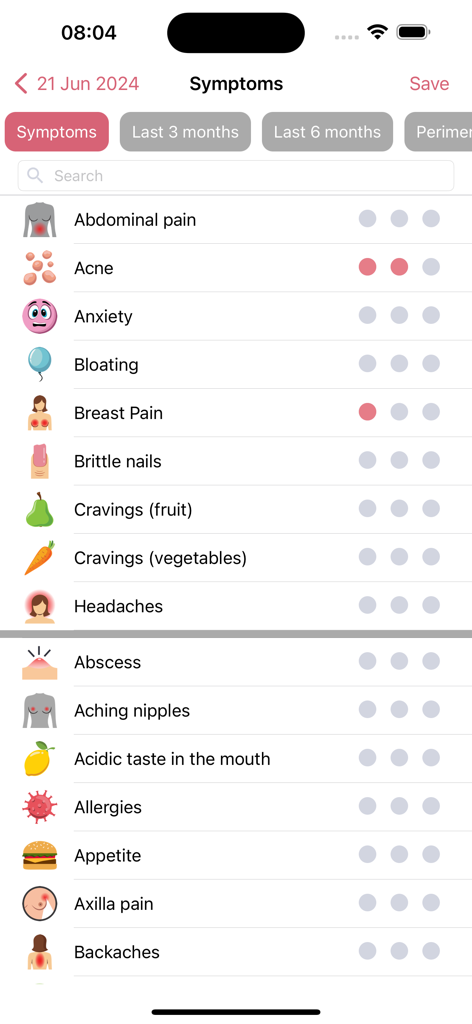 WomanLog Pro Calendar - Interface of the WomanLog Pro app showing a comprehensive list of health and menstrual symptoms for daily tracking