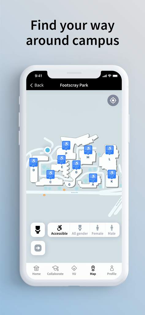 Interactive campus map in the Victoria University App showing building locations and accessible facilities at Footscray Park.