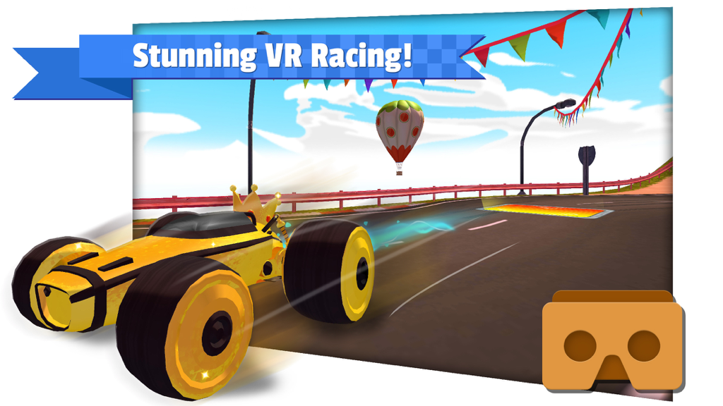 All-Star Fruit Racing VR - Google Cardboard VRアイコンが付いたカラフルなコースを走る黄色のフルーツがテーマのカート