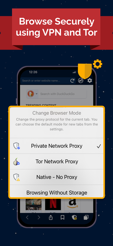 Un'interfaccia mobile per la scelta delle modalità del browser come Private Network Proxy e Tor Network Proxy nell'app VPN UK