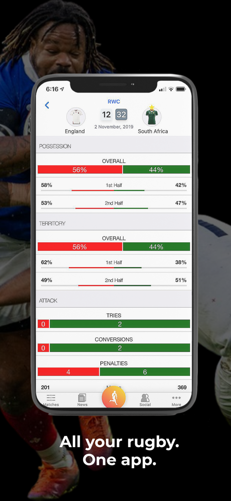 Ultimate Rugby - Detailed rugby match statistics on the Ultimate Rugby app including possession and territory